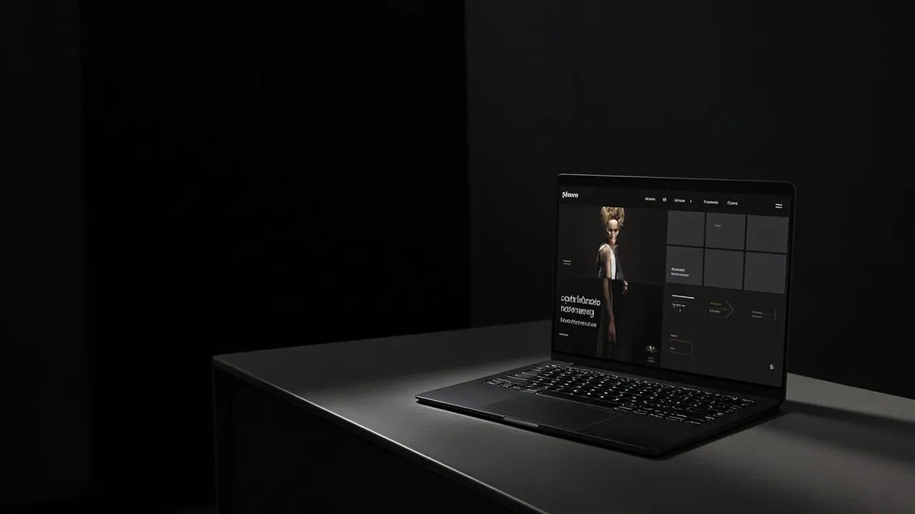 Symbolbild: Laptop auf dunklem Schreibtisch zeigt eine moderne Agentur-Website mit Portfolio-Grid
