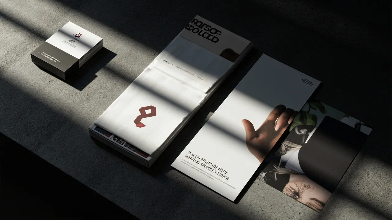 Moodboard mit Marken-Mockups, Visitenkarten und Editorial-Spread auf einem Beton-Schreibtisch