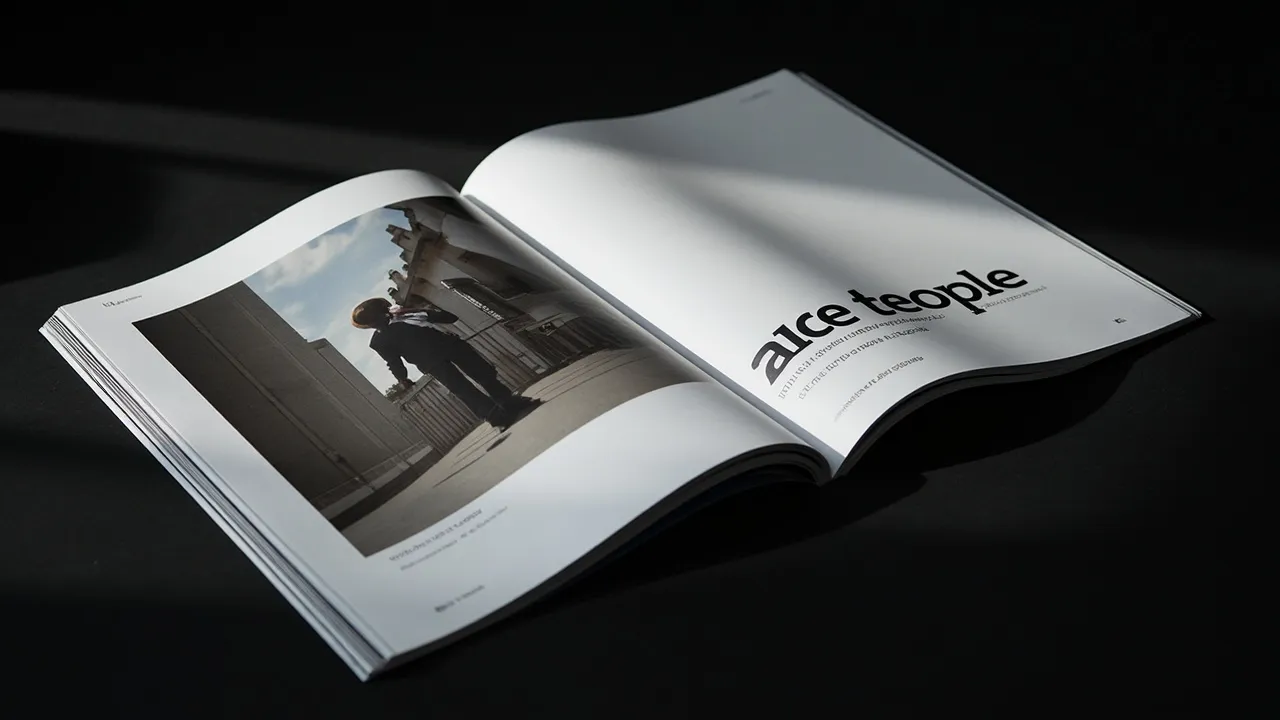 Symbolbild: zwei editorische Magazin-Doppelseiten nebeneinander, eine mit auffaelliger Typografie