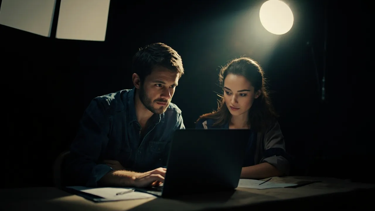 Kreativteam in einem moody Studio, konzentriert um einen Laptop mit Tageslicht